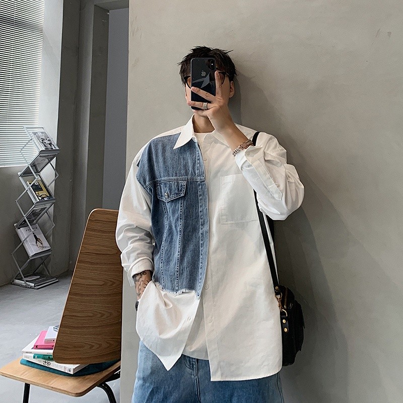 Mô tả Áo khoác denim khâu màu tương phản dáng rộng phong cách retro dành cho nam IELGY - 4