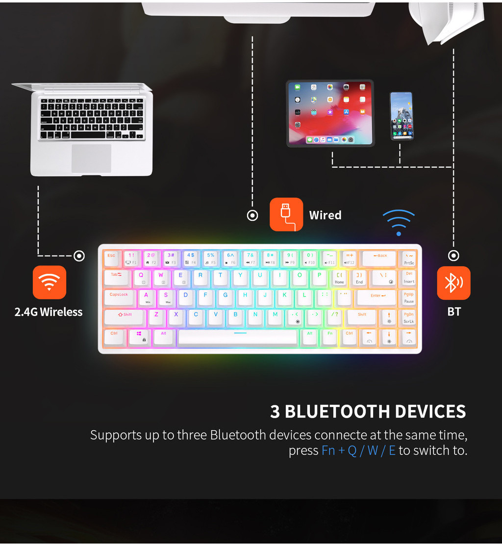 Mô tả Bàn phím không dây Mini cơ khí Royal Kludge RK837 RKG68 Bluetooth 2.4G Bàn phím 3 chế độ 68 phím có đèn nền RGB 60% RK G68 - 4