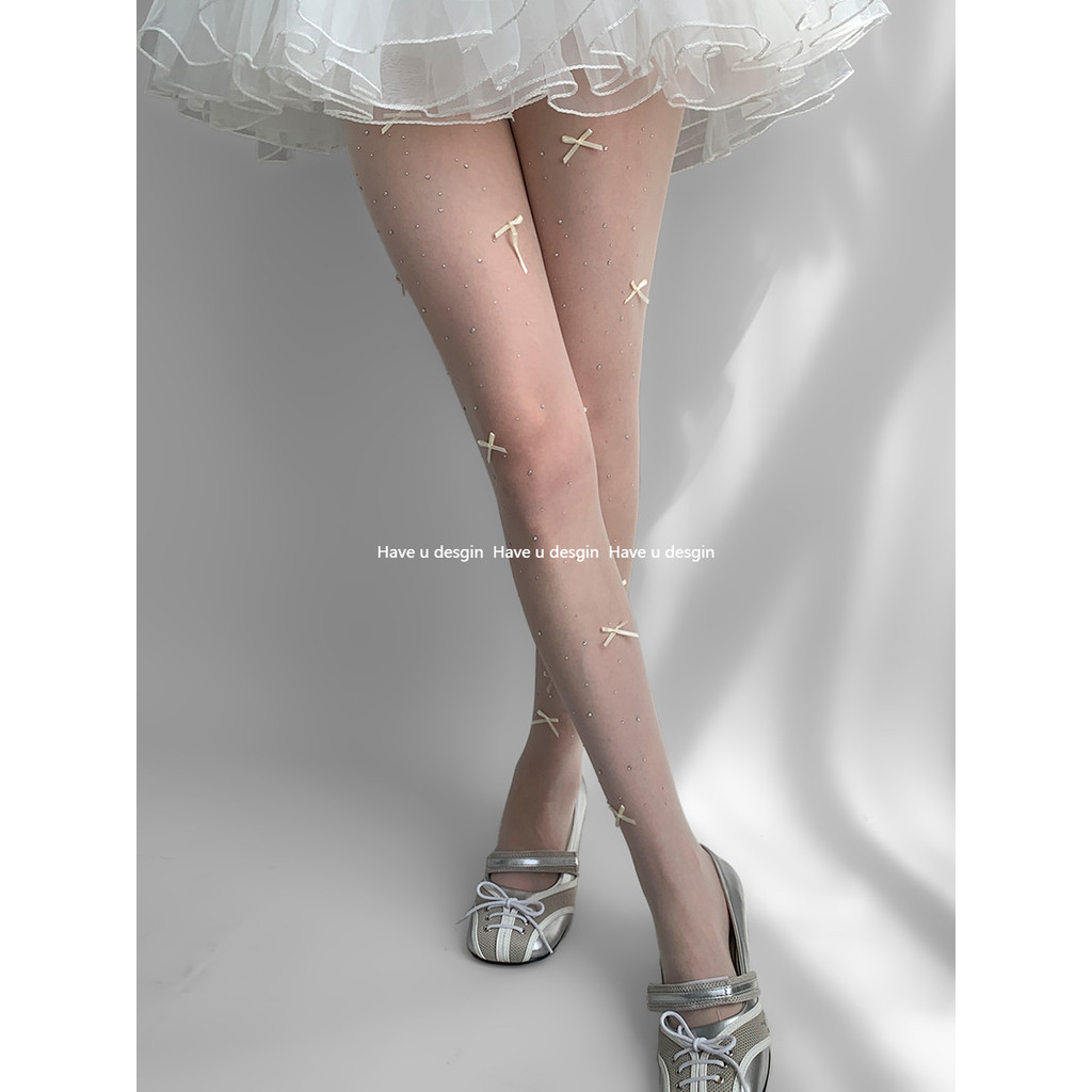 Have u desgin Vớ Trắng Kèm Kim Cương Phong Cách Ba Lê Chống Chảy xệ Quần Nữ Nơ Pure Desire Trắng Lụa Mỏng