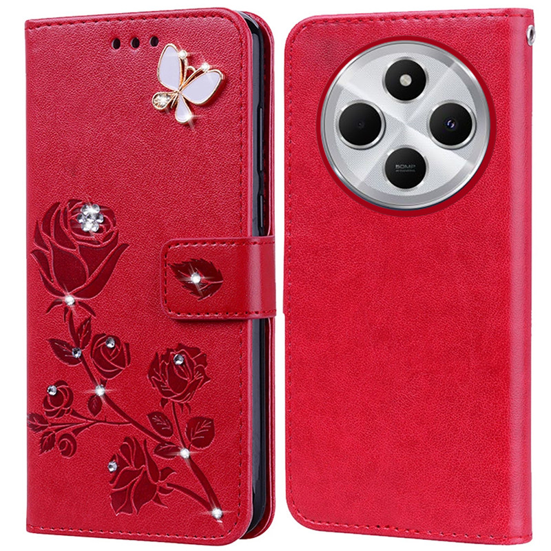 Kim Cương Dập Nổi In Hoa Hồng Ốp Lưng Điện Thoại Xiaomi Poco C75 4G Sách Da Full Silicone Cover