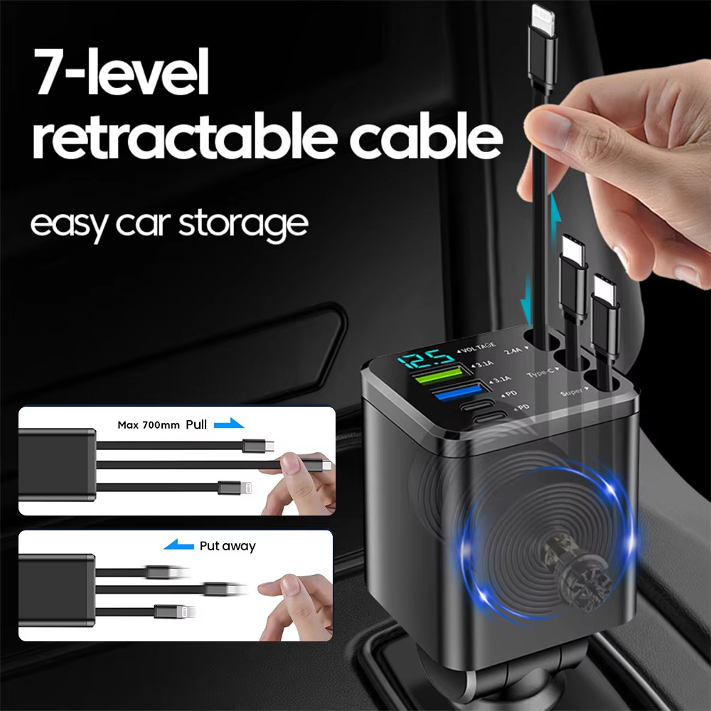 Đa Năng 7 TRONG 1 Sạc Xe Hơi Có Thể Thu Vào USB Loại C PD Cáp Có Thể Thu Vào Cho Điện Thoại Samsung Dây Sạc Nhanh Thuốc Lá Bật Lửa Adapter