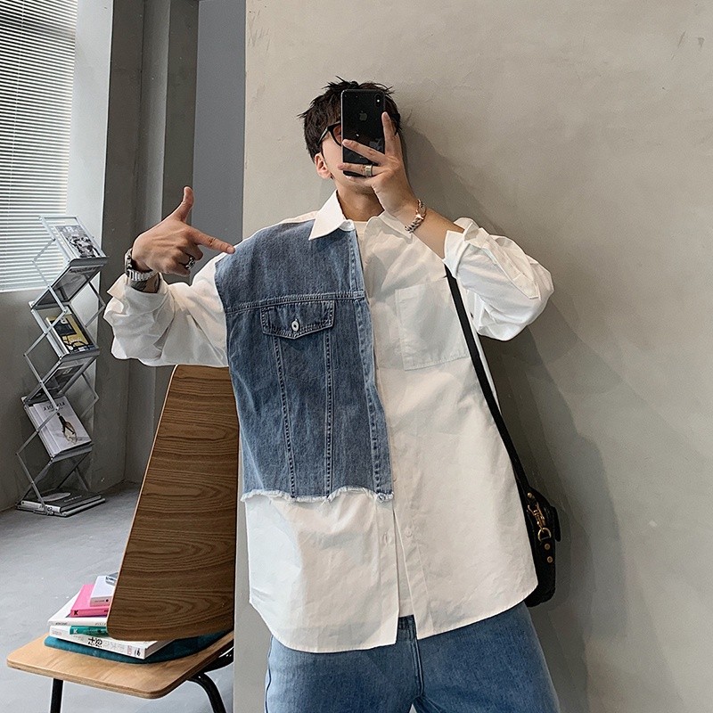 Mô tả Áo khoác denim khâu màu tương phản dáng rộng phong cách retro dành cho nam IELGY - 5