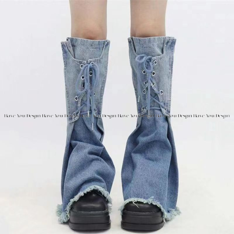 Millennium Hot Girl Màu Gradient Denim Chân Bao Mỏng Hơn Nhìn Cao Cấp Thiết Kế Cảm Giác Ren Tua Rua Giữa Ống Cọc Giày Tất Phù Hợp Với