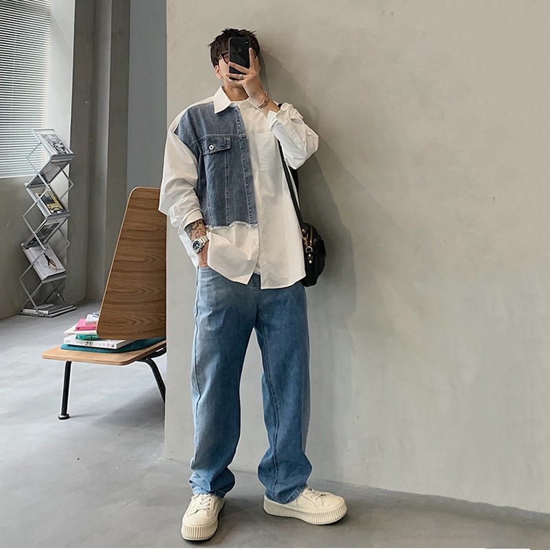 Mô tả Áo khoác denim khâu màu tương phản dáng rộng phong cách retro dành cho nam IELGY - 1