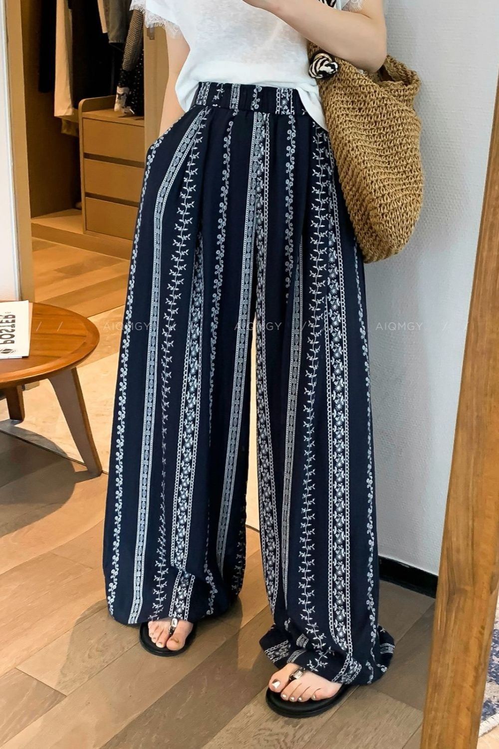 Lan ~ Bohemian Hoa Rộng Quần Nữ Mùa Hè Lười Rời Thoáng Mát Mát Băng Lụa Quần Eo Cao Drap Sàn Đi Bộ Quần Cong