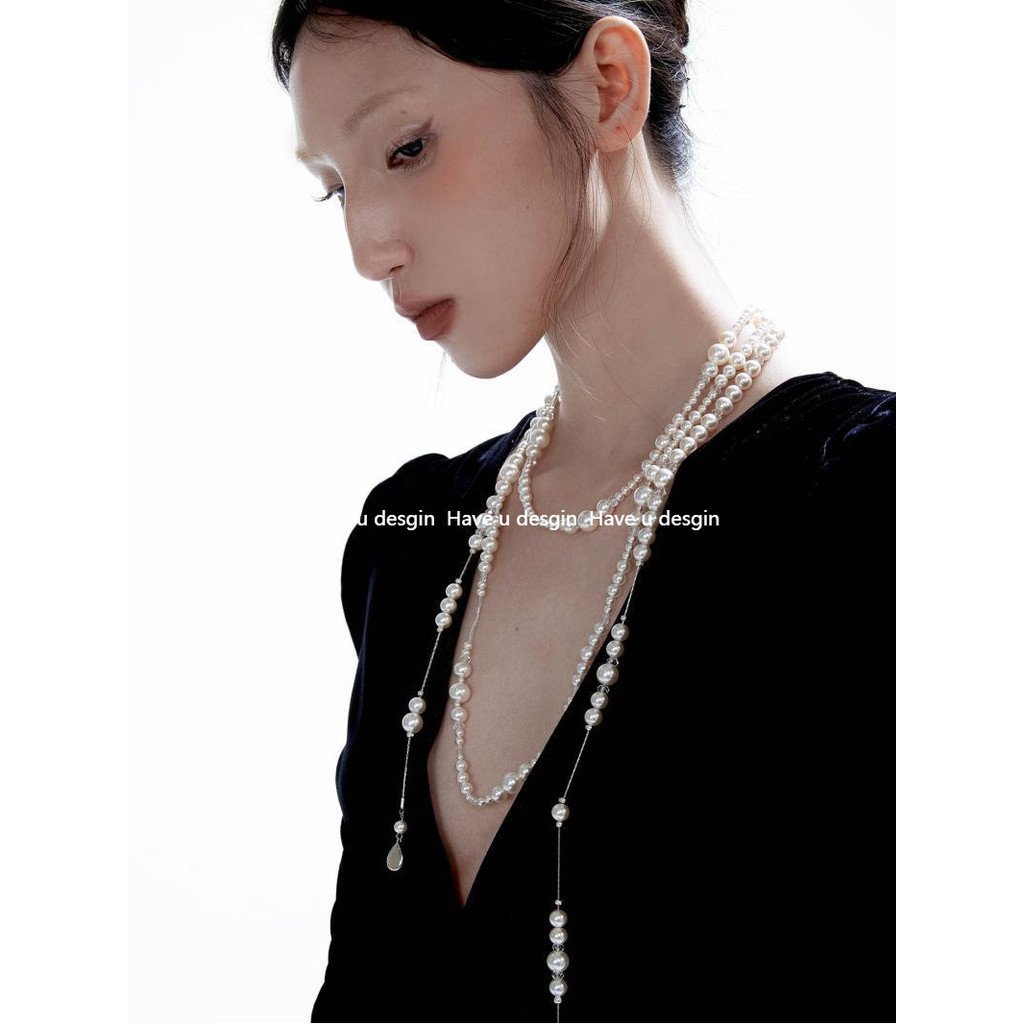 Have u desgin Broken Urban Nguyên bản Vòng cổ ngọc trai dài Sterling Bạc pha lê xếp chồng lên nhau Retro Gypsophila Dây chuyền dài
