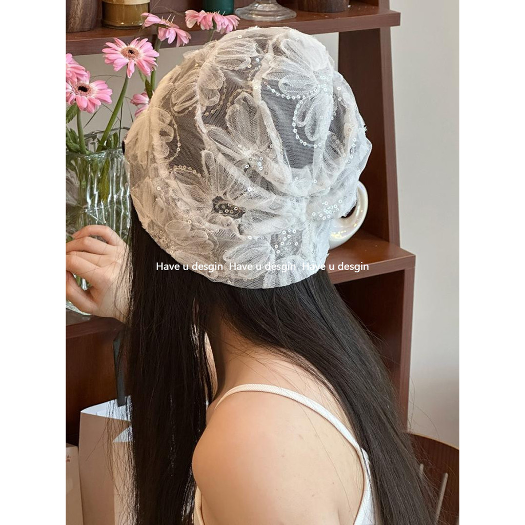 Có bạn desgin
 Pháp Mỏng Ren Đính Kim Sa Lấp Lánh Hoa Chui Đầu Nữ Retro Nhật Bản Mùa Hè Khăn Trùm Đầu Mũ Sang Trọng Gạc Top Mũ Hợp Thời Trang