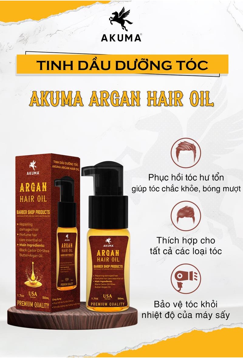 Mô tả Tinh Dầu Dưỡng Tóc AKUMA Argan Hair Oil 50ml Giúp Tóc Chắc Khỏe, Bóng Mượt, Hương Nước Hoa Nam Tính - 1