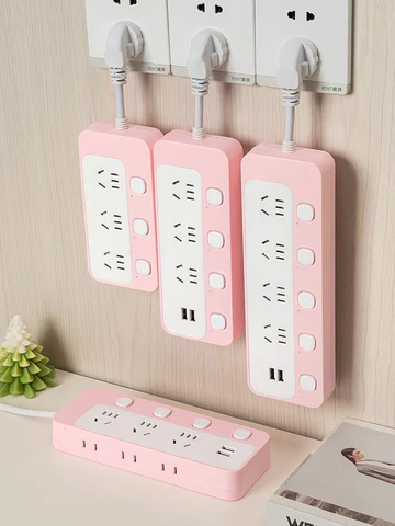 Ổ cắm đa chức năng bằng đồng màu hồng có cổng sạc USB, dải điện nhiều công tắc chống sét, dải điện