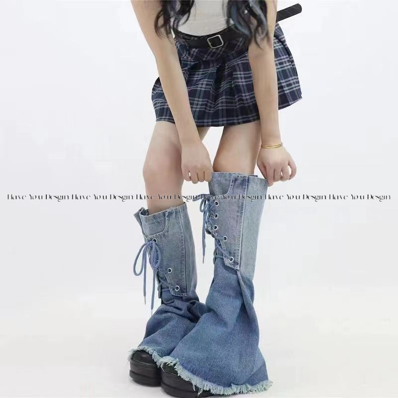 Millennium Hot Girl Màu Gradient Denim Chân Bao Mỏng Hơn Nhìn Cao Cấp Thiết Kế Cảm Giác Ren Tua Rua Giữa Ống Cọc Giày Tất Phù Hợp Với