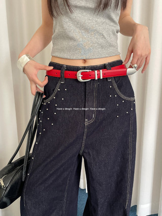 Thắt lưng đỏ nữ cao cấp retro đính đá, phù hợp váy & jeans, thời thượng