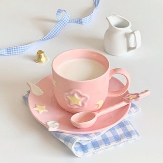 Cốc gốm hồng Sakura Thiết kế thích hợp dễ thương dập nổi bằng thìa Cốc ăn sáng
