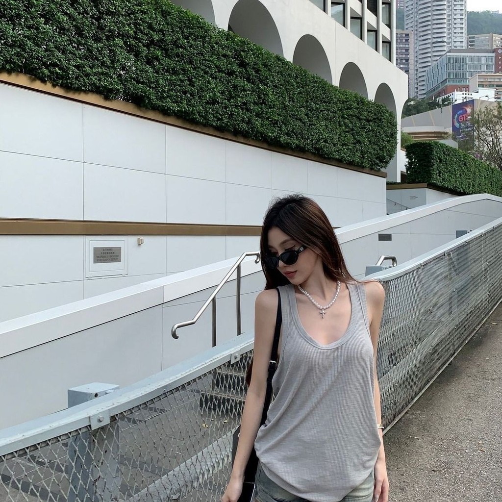 Lan ~ Size lớn 150kg Tính khí màu xám dáng rộng Áo yếm nữ mùa hè vừa phải bên trong thể thao thông thường Áo không tay