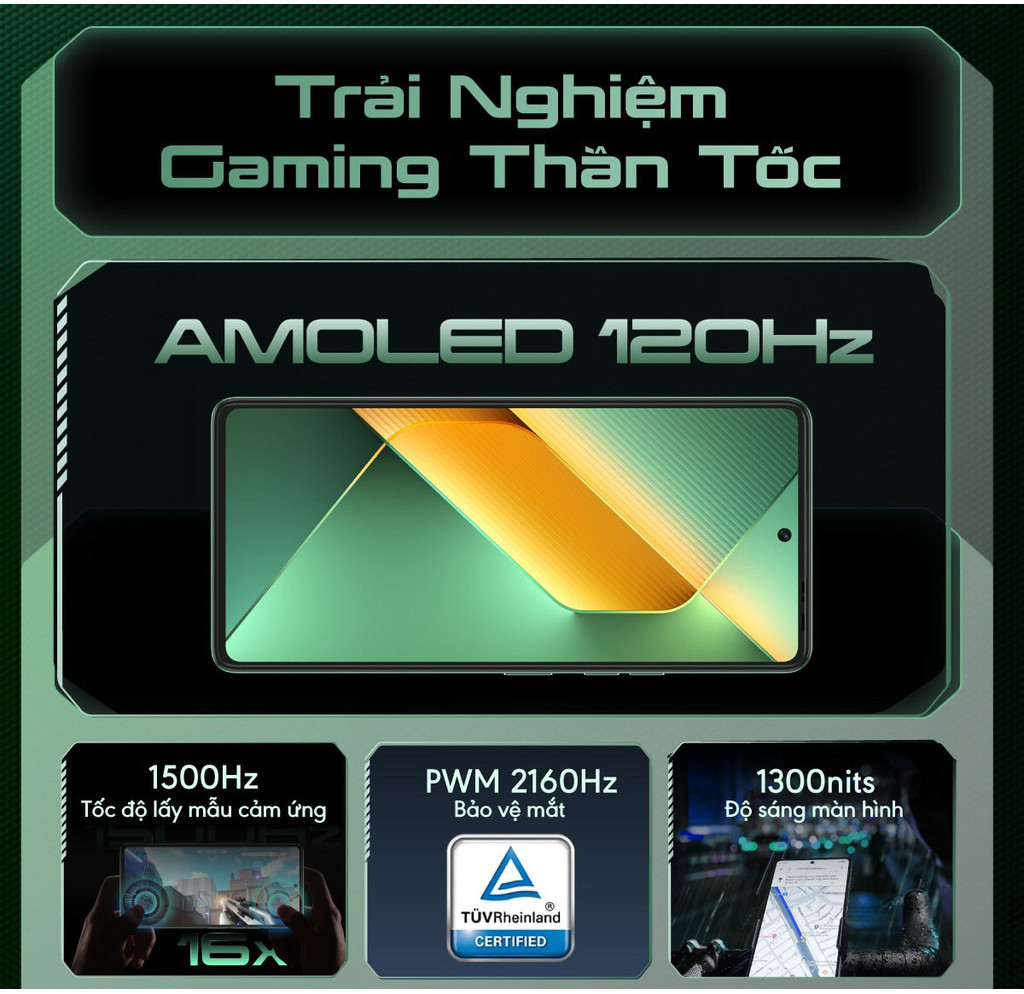 Mô tả Điện thoại gaming Tecno Pova 6 (8+8)GB/256GB I 6000mAh + 70W I AMOLED 120Hz I 108MP - 4