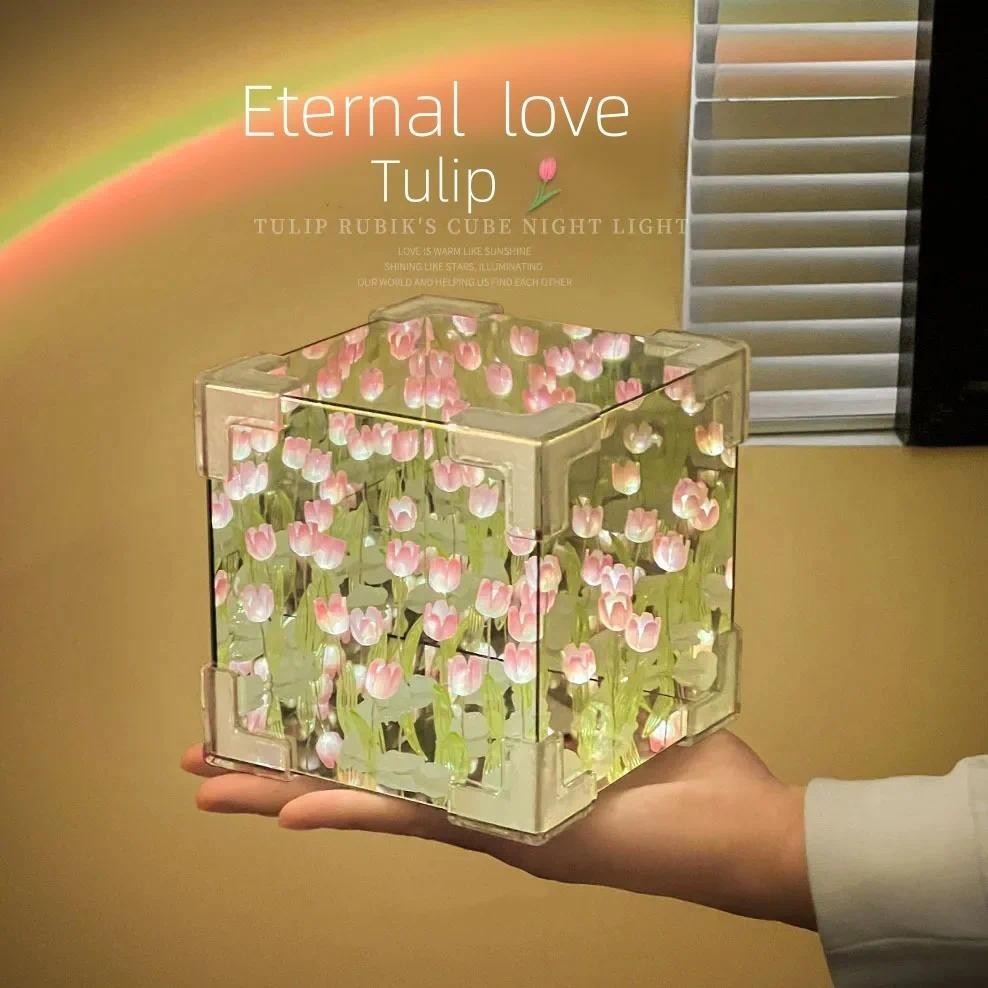 Mô Phỏng Hoa Phòng Ngủ Đèn Bàn Ngủ DIY Tulip Gương Khối Đèn Thủ Công Hoa Tulip Gương Đèn Ngủ Cho Quà Tặng Sinh Nhật