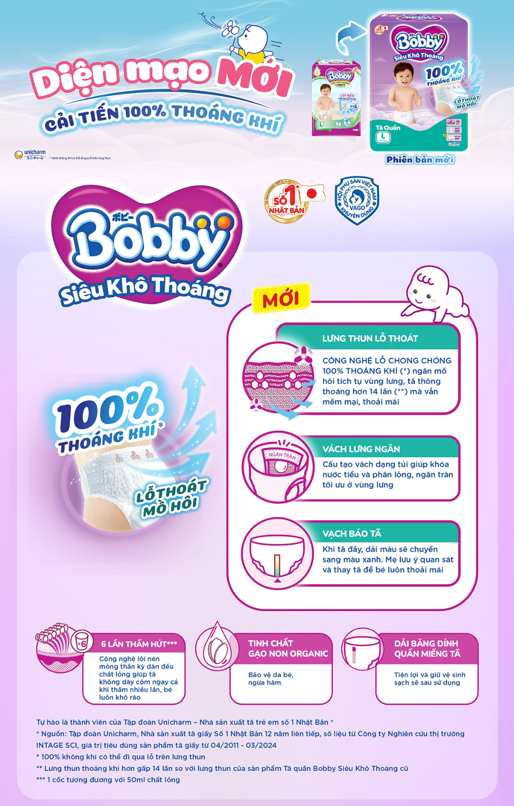 Mô tả Tã quần Bobby Siêu Khô Thoáng - 100% Thoáng Khí  Super Jumbo M56/L48/XL42/XXL38/XXXL29 - 1