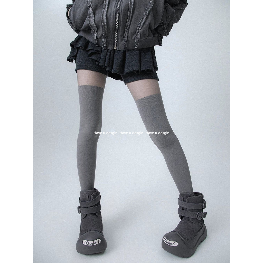 Have u desgin Thu Đông Đen Xám Over-the-Knee Terry Ấm Đùi Khâu Stocking
