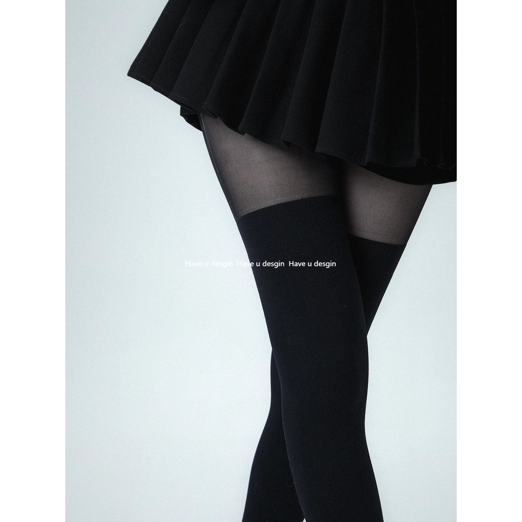 Have u desgin Thu Đông Đen Xám Over-the-Knee Terry Ấm Đùi Khâu Stocking
