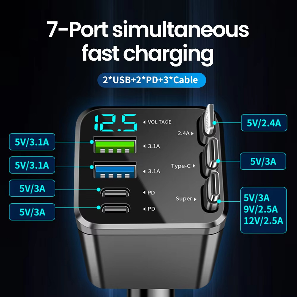 Đa Năng 7 TRONG 1 Sạc Xe Hơi Có Thể Thu Vào USB Loại C PD Cáp Có Thể Thu Vào Cho Điện Thoại Samsung Dây Sạc Nhanh Thuốc Lá Bật Lửa Adapter