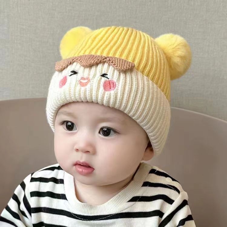 Mũ 2 quả bông trẻ em dệt kim nhiều màu cho bé trai bé gái bảo vệ tai