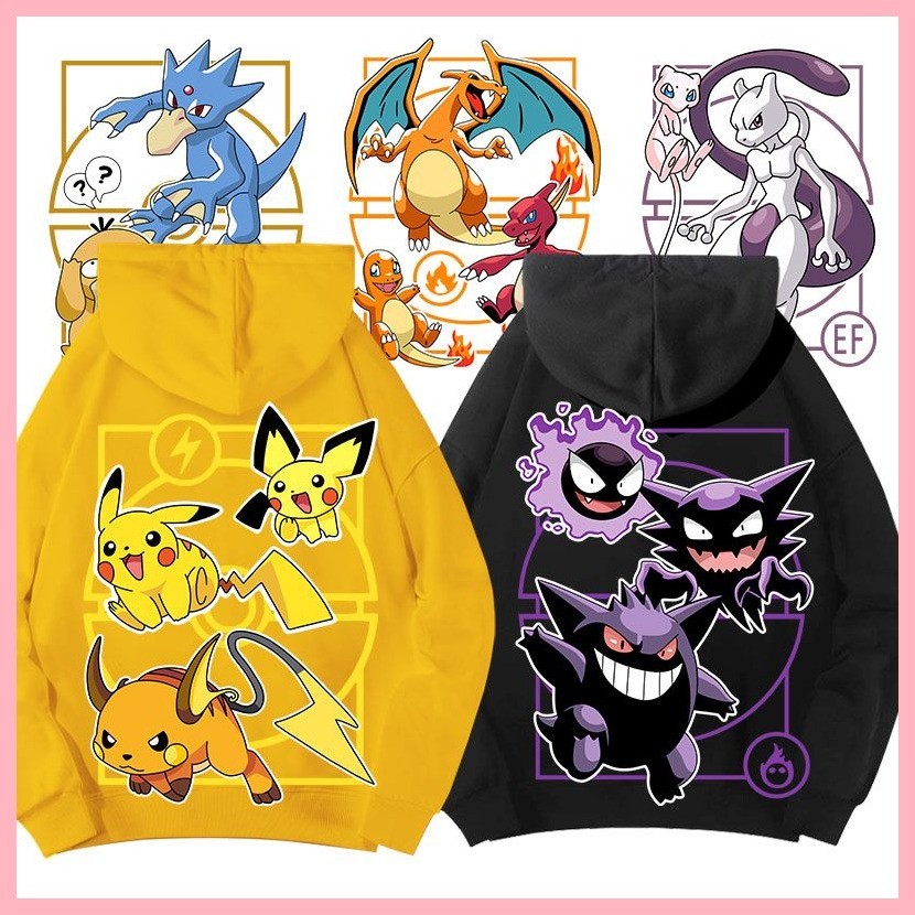 Áo khoác dài tay bỏ túi Quái vật Pikachu Charmander Bulbasaur Squirtle Psyduck Mewtwo Pokémon Áo bé trai Trẻ em Gengar Áo khoác trùm đầu Pikachu Quần áo chung bé trai Hợp thời trang