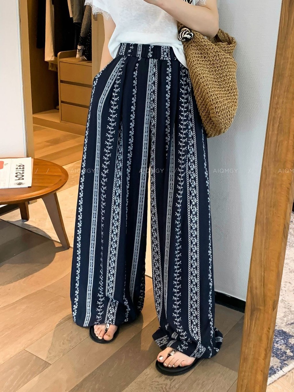 Lan ~ Bohemian Hoa Rộng Quần Nữ Mùa Hè Lười Rời Thoáng Mát Mát Băng Lụa Quần Eo Cao Drap Sàn Đi Bộ Quần Cong