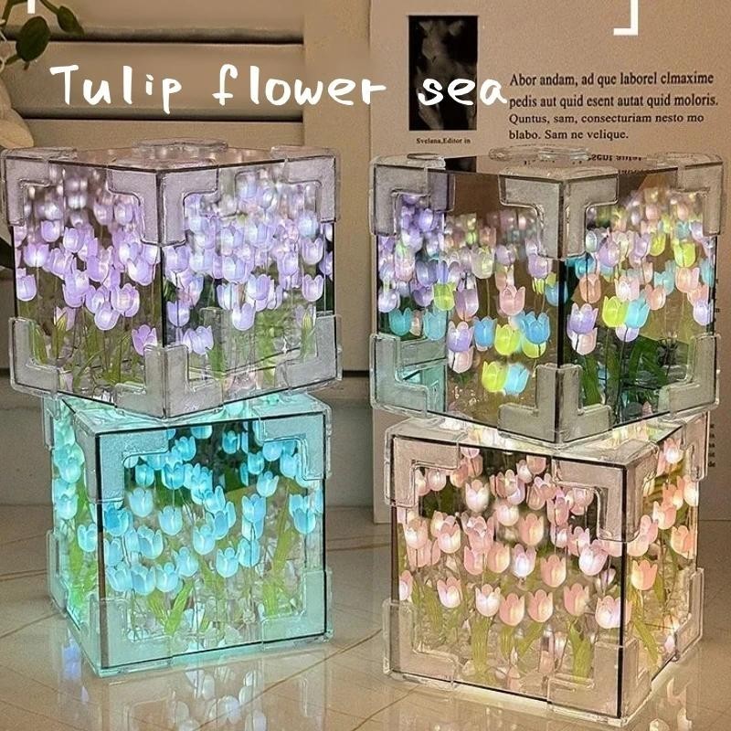 Mô Phỏng Hoa Phòng Ngủ Đèn Bàn Ngủ DIY Tulip Gương Khối Đèn Thủ Công Hoa Tulip Gương Đèn Ngủ Cho Quà Tặng Sinh Nhật