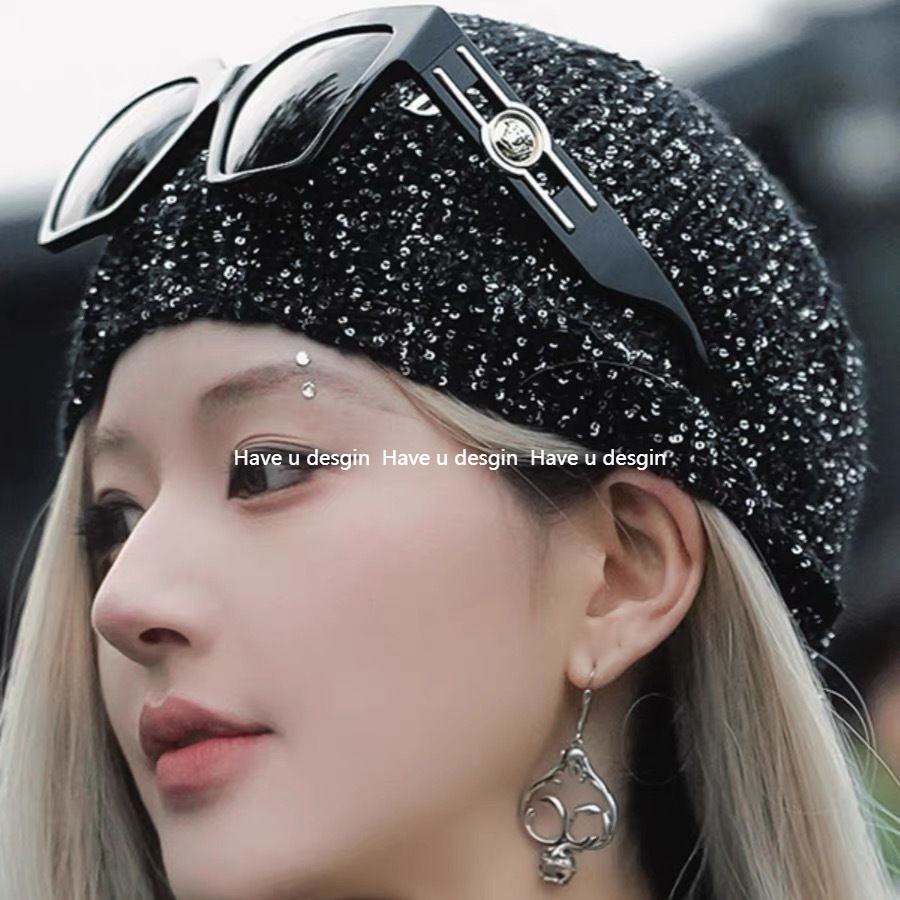 Have u desgin Ngôi Sao Hàn Quốc Gwon Ji-Dragon jennie Cùng Phong Cách Mũ Lạnh Thu Đông Cô Gái Đính Kim Sa Lấp Lánh Mũ Baotou Hợp Thời Trang