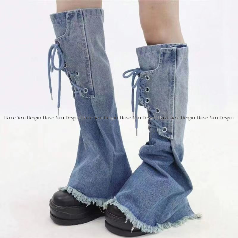 Millennium Hot Girl Màu Gradient Denim Chân Bao Mỏng Hơn Nhìn Cao Cấp Thiết Kế Cảm Giác Ren Tua Rua Giữa Ống Cọc Giày Tất Phù Hợp Với