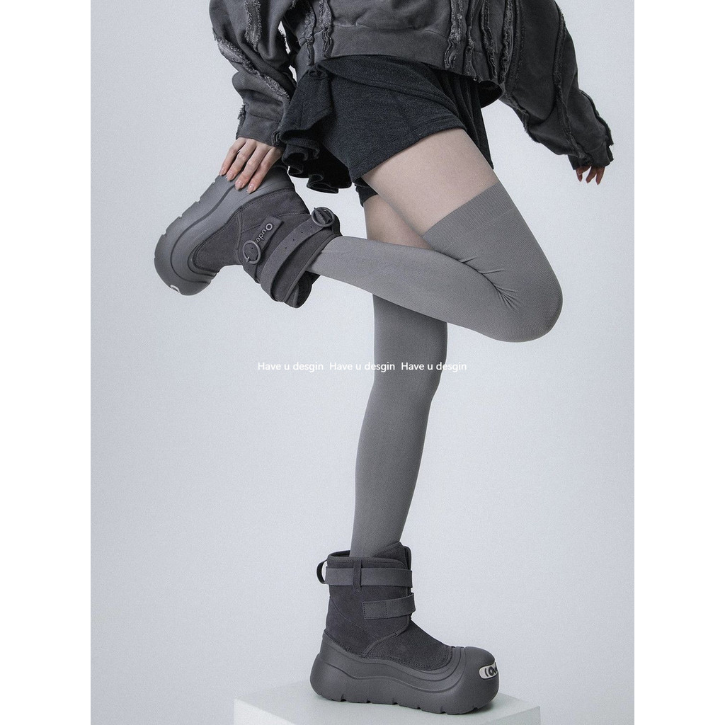Have u desgin Thu Đông Đen Xám Over-the-Knee Terry Ấm Đùi Khâu Stocking