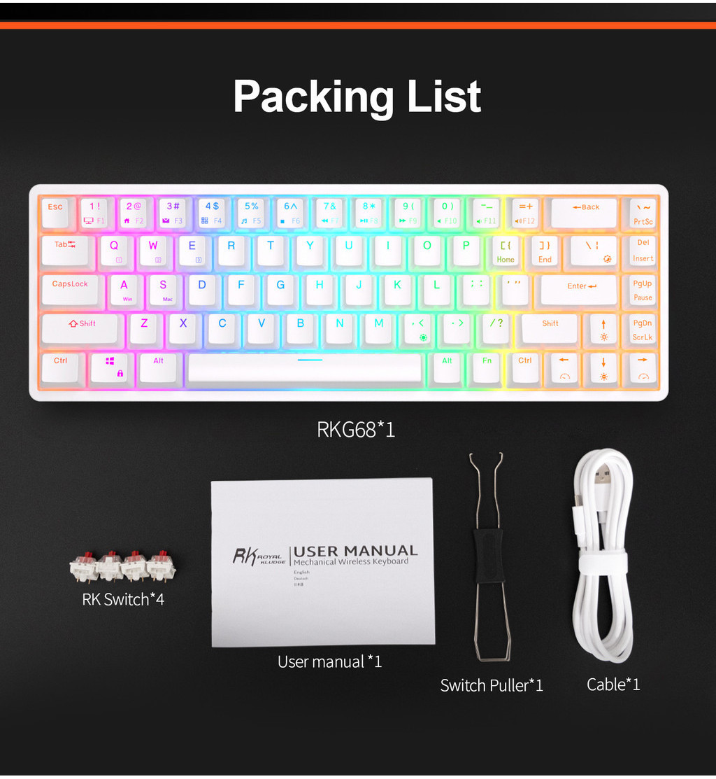 Mô tả Bàn phím không dây Mini cơ khí Royal Kludge RK837 RKG68 Bluetooth 2.4G Bàn phím 3 chế độ 68 phím có đèn nền RGB 60% RK G68 - 12