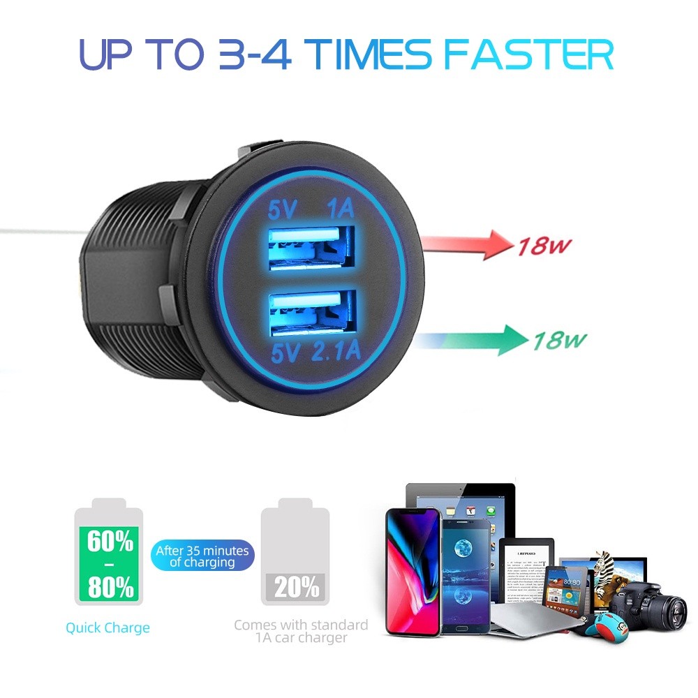 Bộ sạc thuốc lá ô tô USB kép chống nước 3.1A 12V / 24V Ổ cắm có đèn LED Màn hình kỹ thuật số cho ô tô Thuyền hàng hải xe máy D5