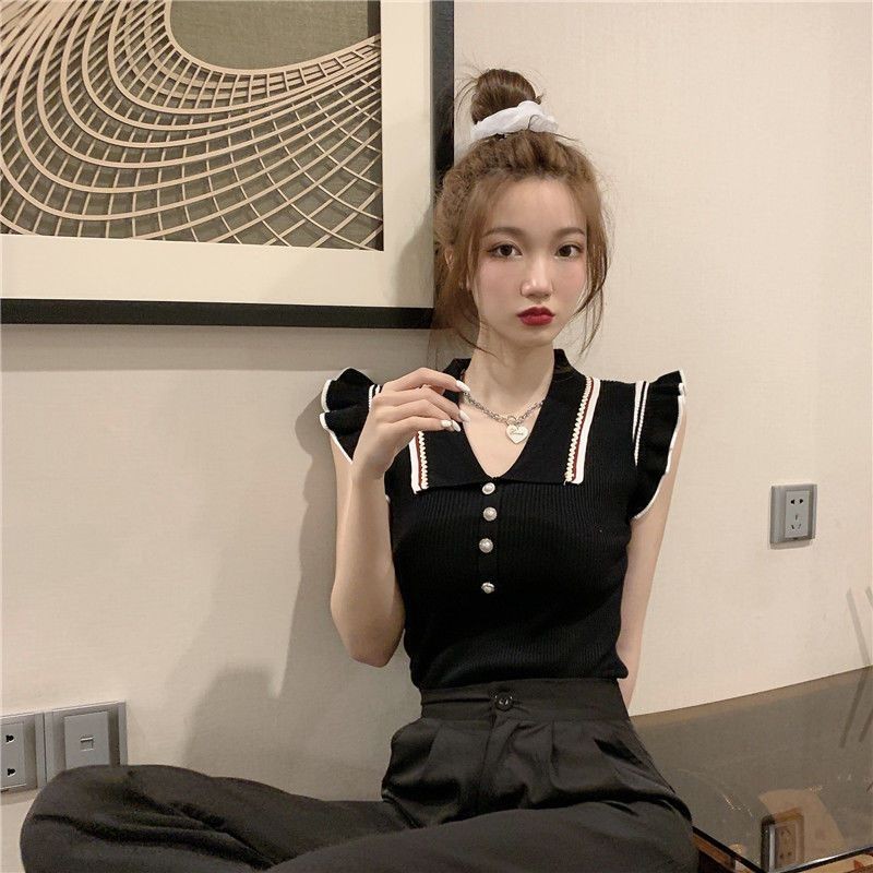 Lan ~ Áo Polo Không Tay Dệt Kim Mỏng, Phù Hợp Mùa Hè, Thiết Kế Gợi Cảm và Nhẹ Nhàng