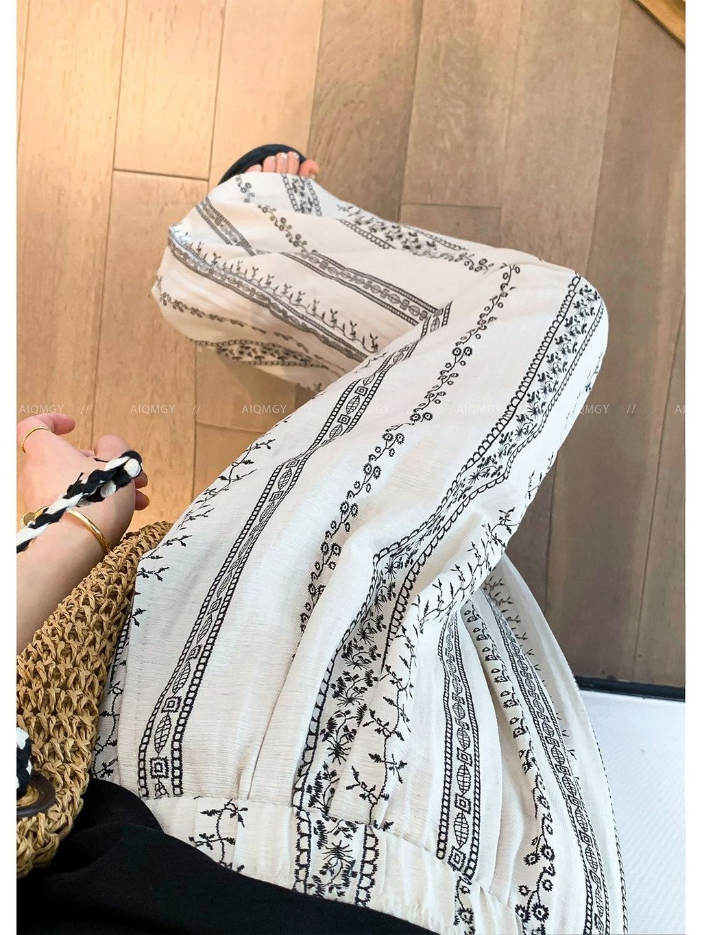 Lan ~ Bohemian Hoa Rộng Quần Nữ Mùa Hè Lười Rời Thoáng Mát Mát Băng Lụa Quần Eo Cao Drap Sàn Đi Bộ Quần Cong