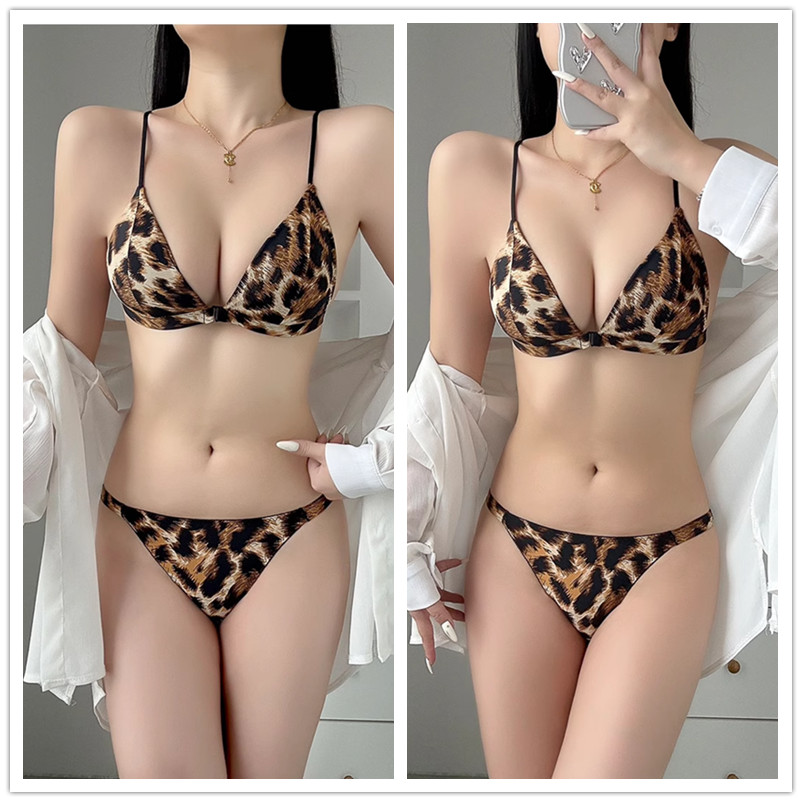 Liền Mạch Da Báo Nữ Bộ Áo Ngực Gợi Cảm Trước Đóng Cửa Phong Cách Pháp Đồ Lót Thoải Mái Đệm Không Dây Thanh Niên Quần Lót Bé Gái