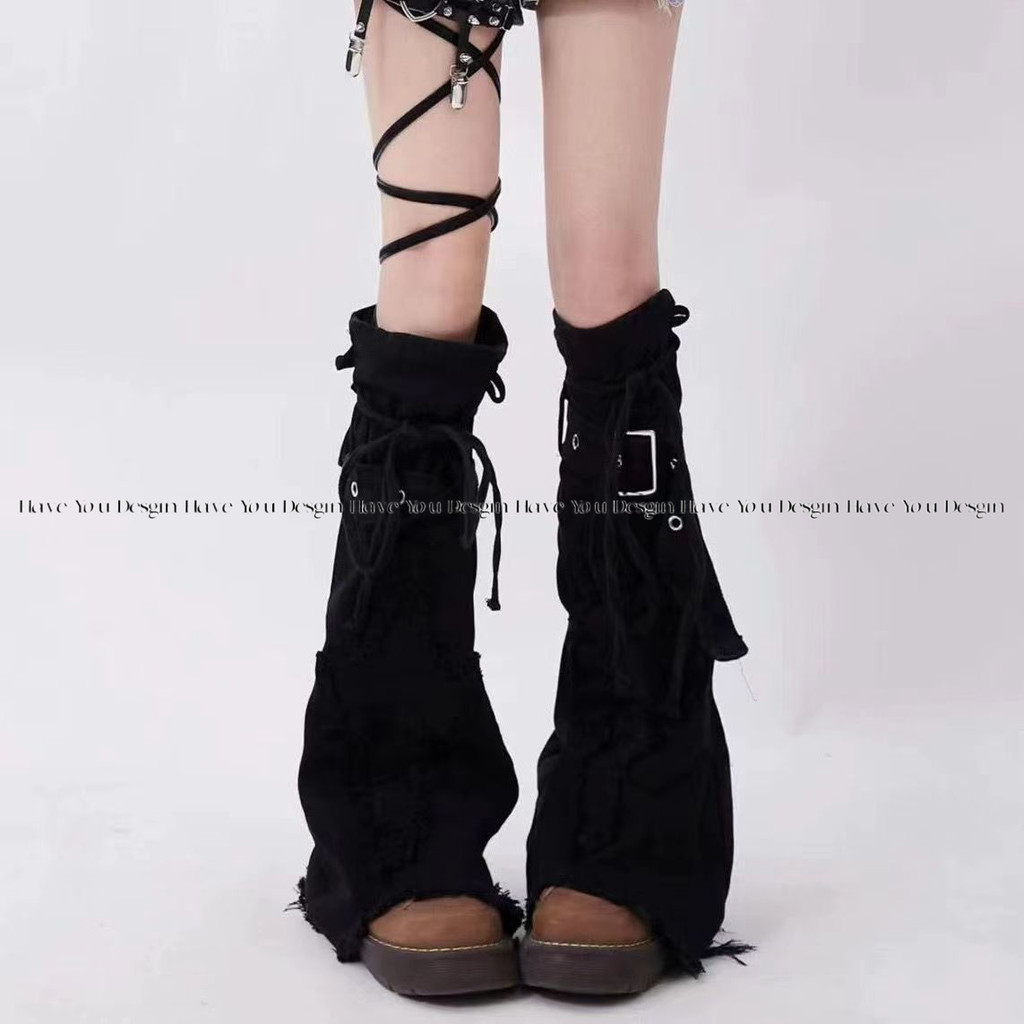 Y2k Hot Girl Đen Denim Chân Bao Mỏng Hơn Nhìn Dây Rút Cọc Tất Thiết Kế Chữ Thập Boot Bao loe Tất Hợp Thời Trang