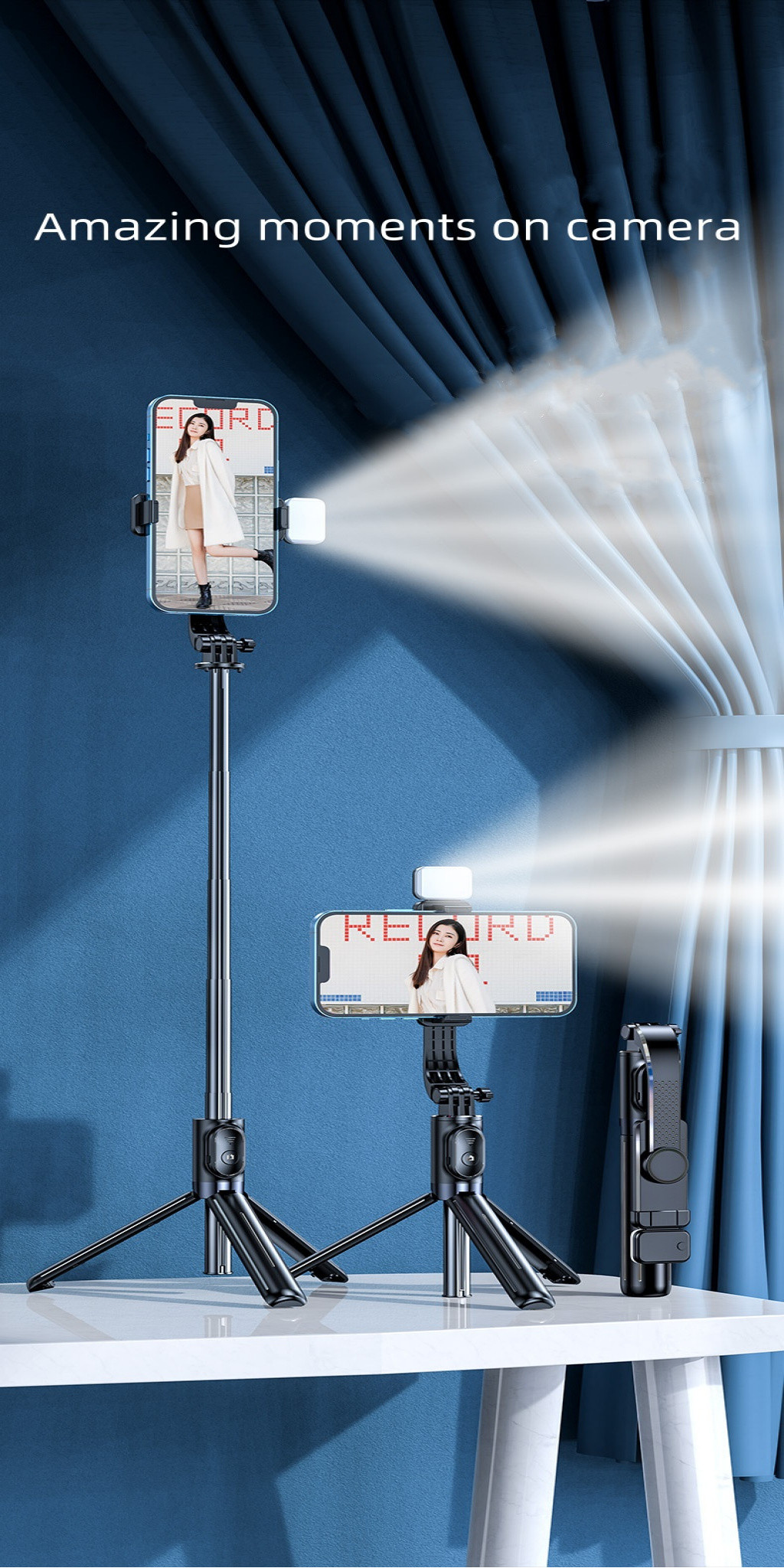 Mô tả Evebot Gậy selfie Bluetooth đa chức năng với đèn LED, điều khiển từ xa Bluetooth, chân máy ảnh, ảnh tự sướng hoặc phát trực tiếp, dễ mang theo - 1