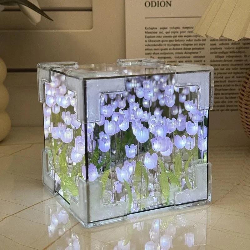 Mô Phỏng Hoa Phòng Ngủ Đèn Bàn Ngủ DIY Tulip Gương Khối Đèn Thủ Công Hoa Tulip Gương Đèn Ngủ Cho Quà Tặng Sinh Nhật
