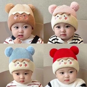 Mũ 2 quả bông trẻ em dệt kim nhiều màu cho bé trai bé gái bảo vệ tai