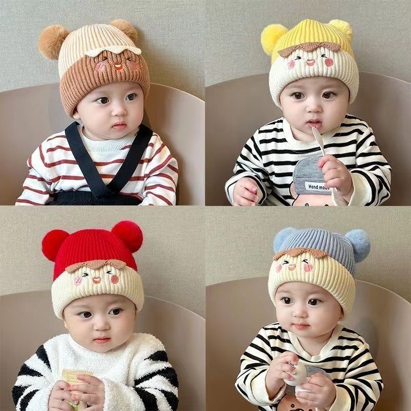 Mũ 2 quả bông trẻ em dệt kim nhiều màu cho bé trai bé gái bảo vệ tai