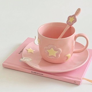 Cốc gốm hồng Sakura Thiết kế thích hợp dễ thương dập nổi bằng thìa Cốc ăn sáng