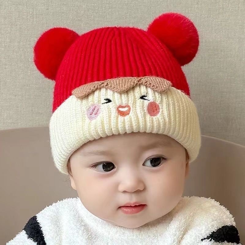 Mũ 2 quả bông trẻ em dệt kim nhiều màu cho bé trai bé gái bảo vệ tai