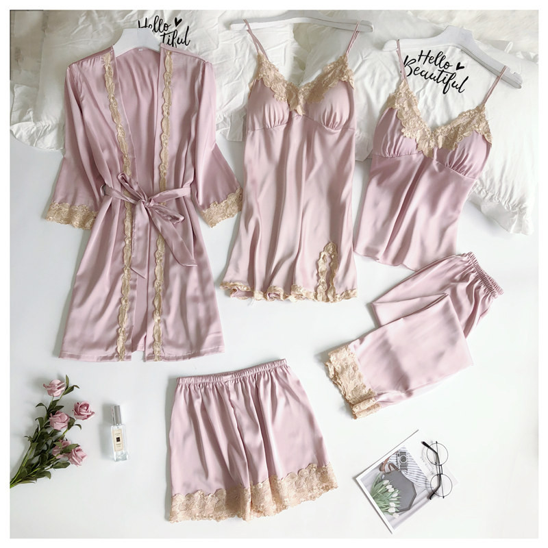 Bộ đồ ngủ sang trọng bằng lụa có đệm tích hợp cổ chữ V Trang phục gia đình năm mảnh sang trọng ở nhiều phụ nữ cho màu sắc