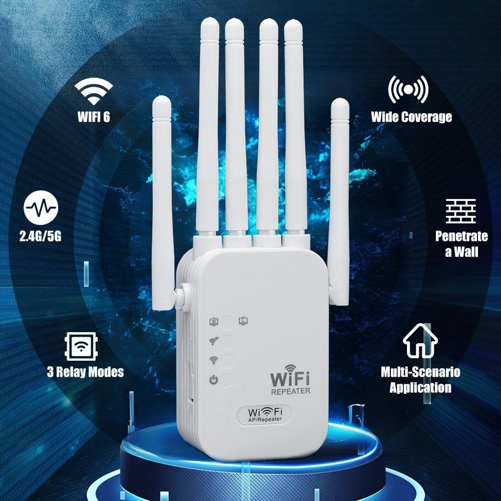 Bộ lặp Wifi không dây 1200Mbps Đa đặc trưng 6 Ăng-ten Tăng cường phạm vi tín hiệu 2.4G + 5G Bộ khuếch đại mạng băng tần kép 2 cổng cáp mạng