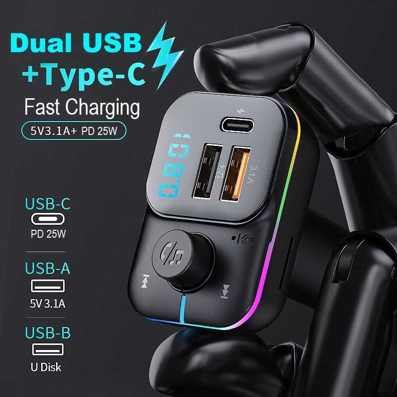 Sạc Xe Hơi Dual PD 25W FM USB3.1A + PD3.1A Bộ Chuyển Đổi Bluetooth Không Dây rảnh Tay Stereo Mp3 Máy Nghe Nhạc FM Modulator