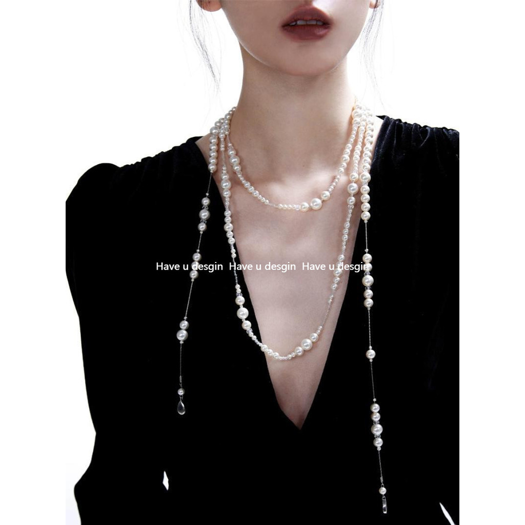 Have u desgin Broken Urban Nguyên bản Vòng cổ ngọc trai dài Sterling Bạc pha lê xếp chồng lên nhau Retro Gypsophila Dây chuyền dài