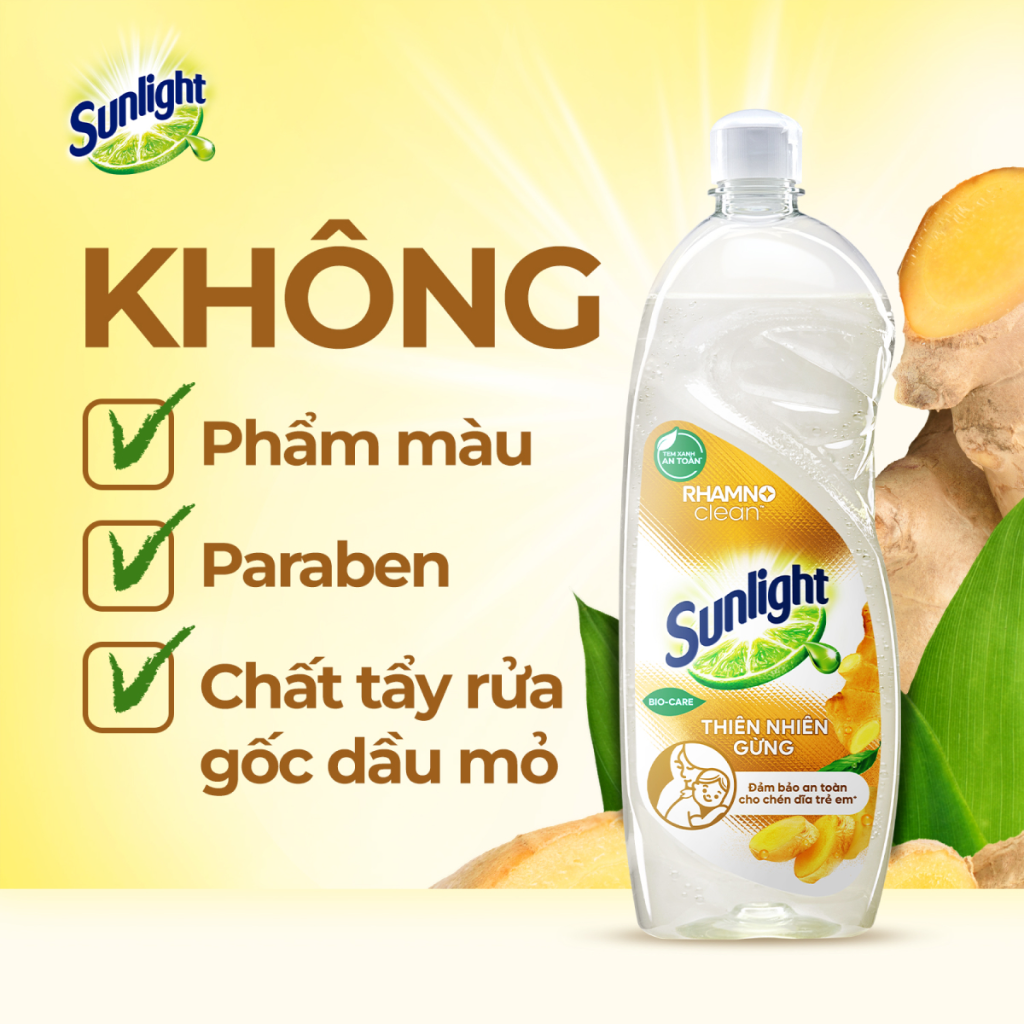Mô tả Nước rửa chén Sunlight Bio-care Thiên Nhiên 100% Gốc thực vật Lô Hội/Gừng/Trà Xanh/ Quế & Bồ hòn/Mềm dịu Chai 3.5/3.6kg - 4