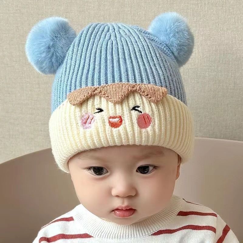 Mũ 2 quả bông trẻ em dệt kim nhiều màu cho bé trai bé gái bảo vệ tai