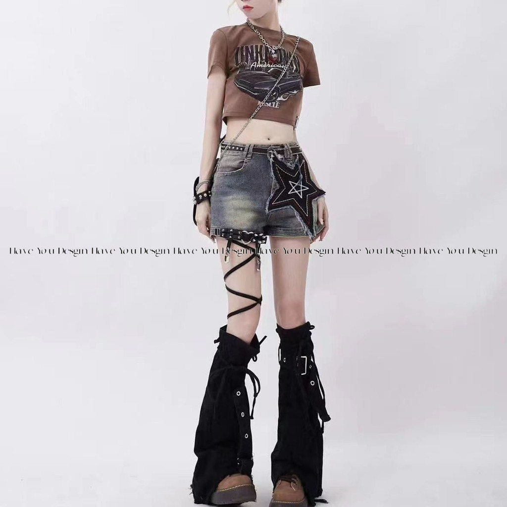 Y2k Hot Girl Đen Denim Chân Bao Mỏng Hơn Nhìn Dây Rút Cọc Tất Thiết Kế Chữ Thập Boot Bao loe Tất Hợp Thời Trang