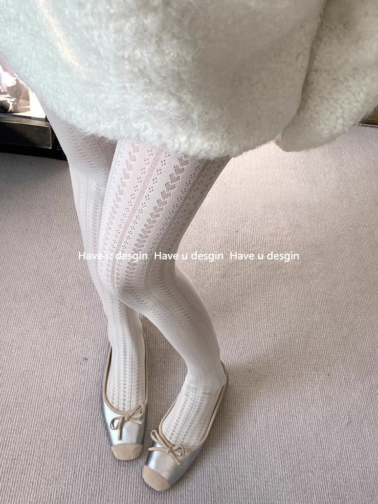 Have u desgin Xuân Thu Pháp Retro Tình Yêu Jacquard Co Giãn Quần Sữa Trắng Nhung Ôm Hơn Nhìn Đáy Tất